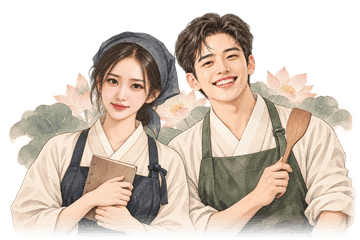 연이와 담이 — 수첩을 든 연이와 나무 주걱을 든 담이가 연꽃을 배경으로 나란히 웃고 있는 모습